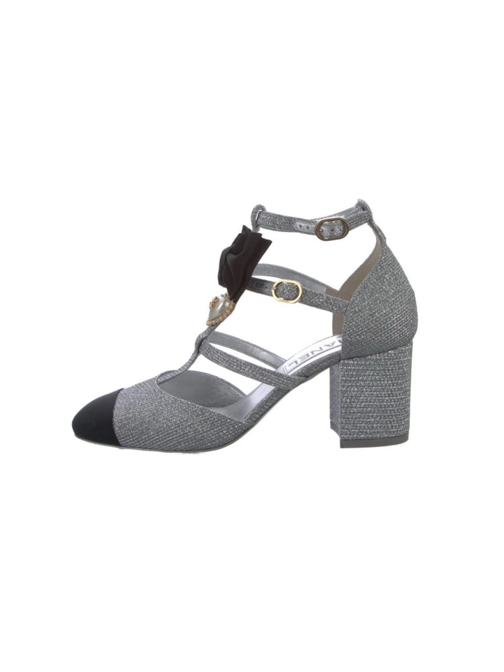 CHANEL Silver and Black T-Strap Heels with Bow